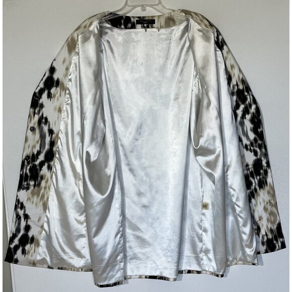 Tahari Beige Black Abstract Print Snaps Front Pockets Stretch Duster Coat - Picture 5 of 10